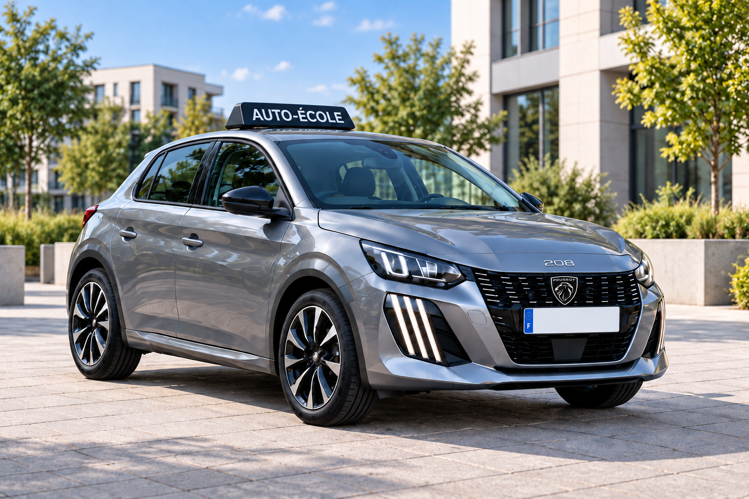 Peugeot 208 grise en extérieur — illustration de présentation du permis B automatique