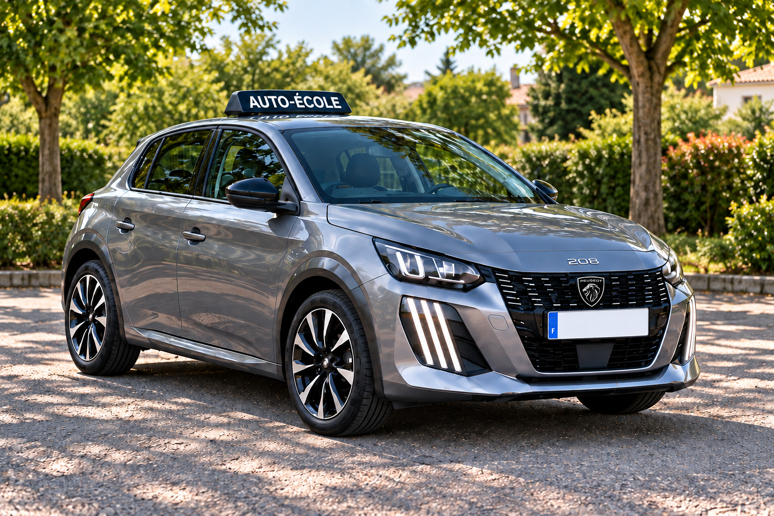 Peugeot 208 grise en extérieur — illustration de présentation du permis B manuel